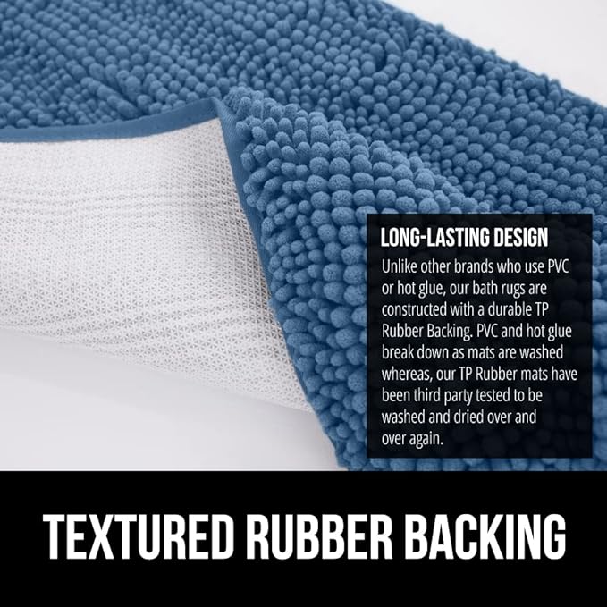 GORILLA GRIP Bath Rug Mat 36x24, Thick Soft Absorbent Chenille, Quick Dry Microfiber Mats, Rubber Backing Washable Shower Floor Rugs, Bathmat Runner, US Designed Bathroom Home Decor Accessories Blue