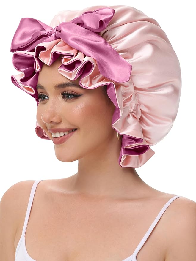 Bonnet for Sleeping, Satin Silk Hair Shower Cap Women 2025 Tie Band Adjustable Straps Head Wrap for Curly Hair Pink F