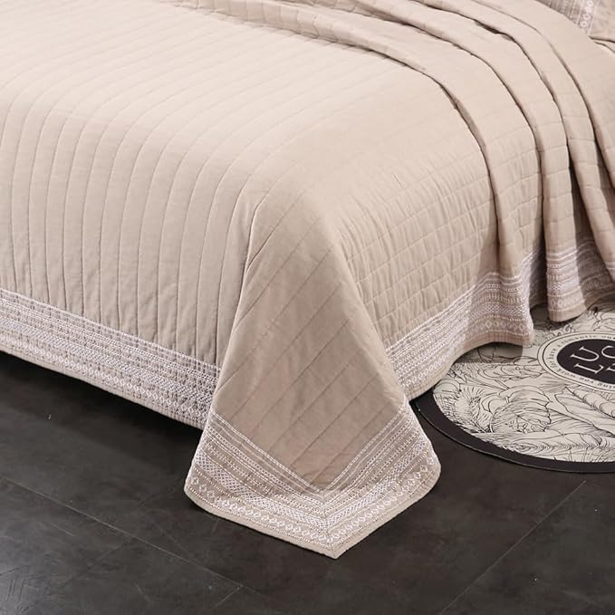Quilt Set Floral Leaves 3D Embroidery Pattern 3 PCS Cotton Reversible Quilted Embroidered Decorative Bedspreads Coverlet Set, Lightweight &Soft Queen Size Beige Bedding Coverlet for All Season