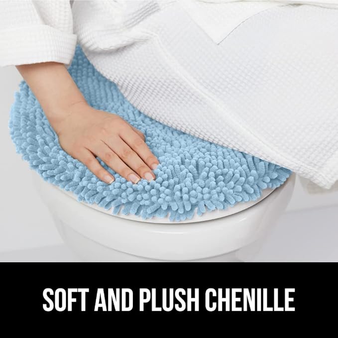 GORILLA GRIP Soft Chenille Bathroom Toilet Lid Cover, Machine Washable Seat Covers, 19.5x18.5, Stays in Place Rubber Backing, Fits Most Round, Elongated and Oblong Lids, Accessories Decor, Light Blue