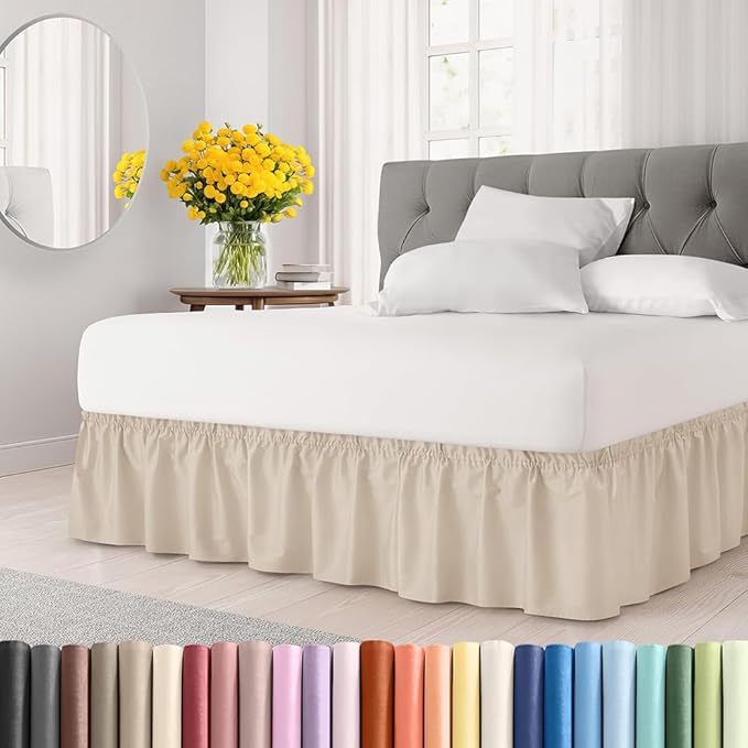 Wrap Around Dust Ruffle Bed Skirt - Wheat - for Full Size Beds w/ 15 Inch Drop - Easy Fit Elastic Strap - Adjustable Pleated Bedskirt w/Brushed Fabric - Wrinkle Free - for Women, Men, Kids & Teens