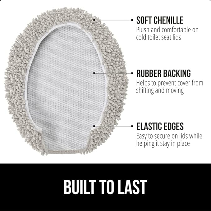 GORILLA GRIP Soft Chenille Bathroom Toilet Lid Cover, Machine Washable Seat Covers, 19.5x18.5, Stays in Place Rubber Backing, Fits Most Round, Elongated and Oblong Lids, Accessories Decor, Light Gray