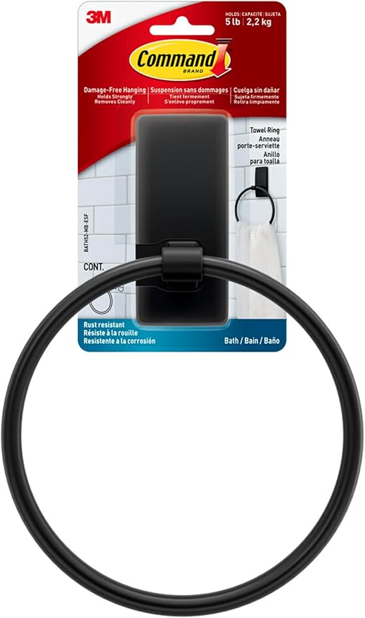 Command Hand Towel Holder Matte Black with Water Resistant Command Strips, Rust Resistant Bathroom Organizer, Holds up to 5 lbs, 1 Ring