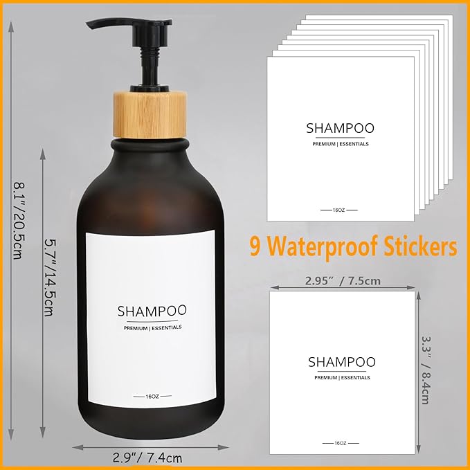 Frosted Plastic Shampoo and Conditioner Bottles, Apothecary Dispenser Bamboo Pump, Refillable Bottles for Shower Lotion, Oil, Hand Soap, Sanitizer, Liquid Soap, Set of 3 with 9 Labels (3, Matte Amber)