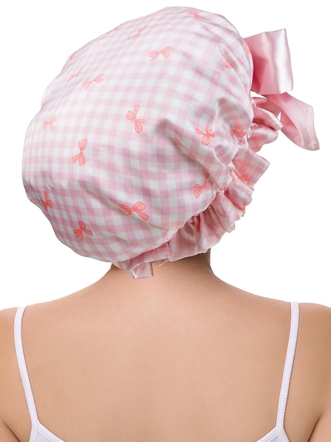 Cute Adjustable Silk Bonnet for Sleeping Double Layer Satin Cap Hair Sleep Bonnet for Curly Hair Pink White Bow