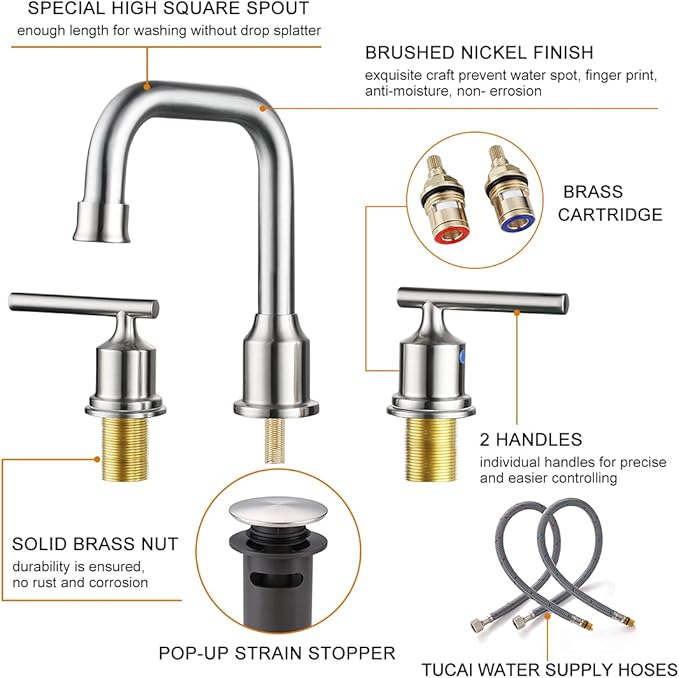 WOWOW 2 Handles 8 inch Widespread High Arc Bathroom Faucet Brushed Nickel Lavatory Faucet 3 Hole 360°Swivel Spout Modern Sink Basin Faucets