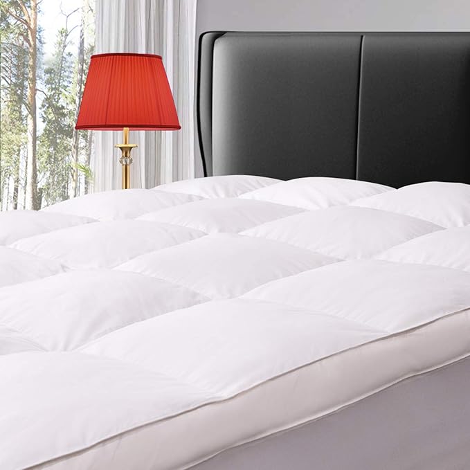 ELEMUSE Twin XL Size Fusion Goose Down Featherbed Mattress Topper for College Dorm, Thick and Fluffy Double Layer Pillowtop Mattress Pad, with 8-21 Inch Deep Pocket