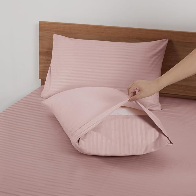 Mejoroom Striped Queen Size Sheet Set - Hotel Luxury 1800 Bedding Sheets & Pillowcases - Deep Pocket Fitted Sheet, Soft, Breathable, Wrinkle & Fade Resistant - 4 Piece (02-Dusty Pink)