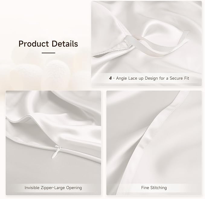 THXSILK 100% Pure Mulberry Silk Duvet Cover Set 3 Piece, 6A+ Grade Luxury Soft Bedding Silk Sheets for Hair and Skin, 1 Pcs Duvet/Quilt/Comforter Cover with 2 Zippered Pillowcases (Cream White, Queen)
