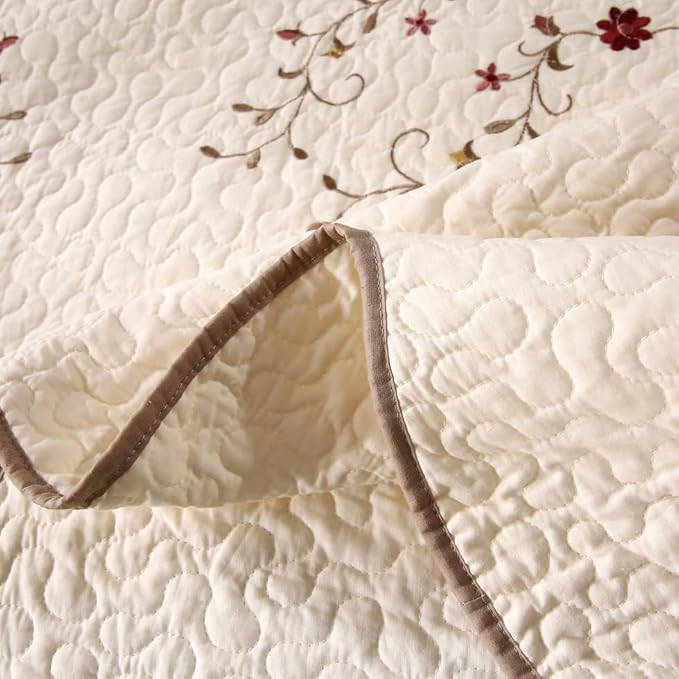 Quilt Set Floral Leaves 3D Embroidery Pattern 2 PCS Cotton Reversible Quilted Embroidered Decorative Bedspreads Coverlet Set, Lightweight &Soft Queen Size Beige Bedding Coverlet for All Season