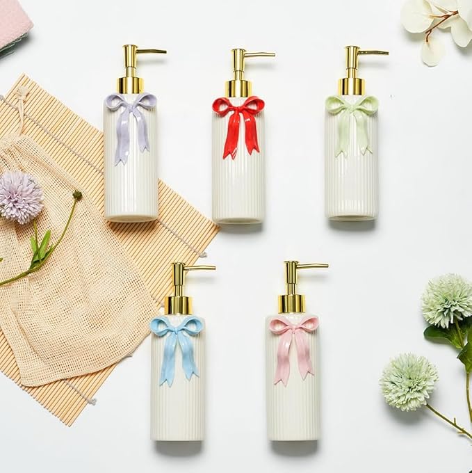 Handmade Ceramic Bow Soap Pump Dispenser Hand Lotion Liquid Dispenser Refillable for Kitchen and Bathroom Decorative (Ribbon Blue)