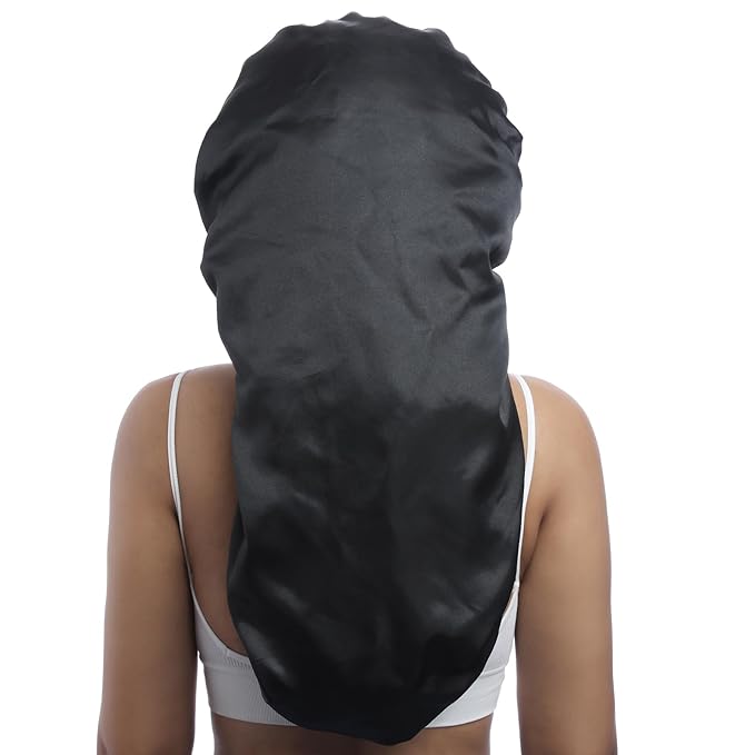 AWAYTR Long Satin Bonnet for Women - Double Layer Elastic Silk Bonnet for Braids Hair Sleeping Cap with Tie Band (Black)