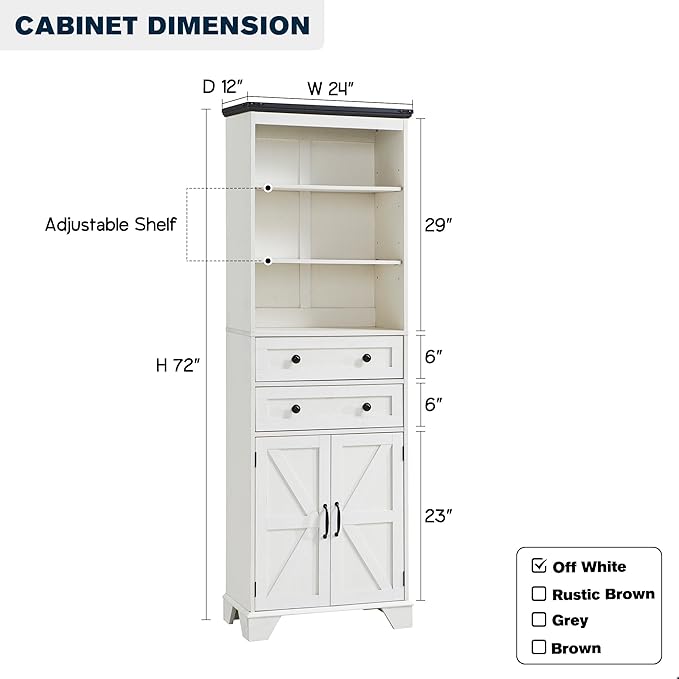 ACCOHOHO Farmhouse Tall Bathroom Storage Cabinet, 72" Storage Cabinet with 2 Drawers, Adjustable Shelves & Barn Door, Cabinet for Bathroom, Living Room, Kitchen, Off White