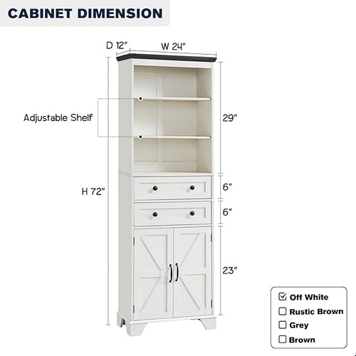 ACCOHOHO Farmhouse Tall Bathroom Storage Cabinet, 72" Storage Cabinet with 2 Drawers, Adjustable Shelves & Barn Door, Cabinet for Bathroom, Living Room, Kitchen, Off White