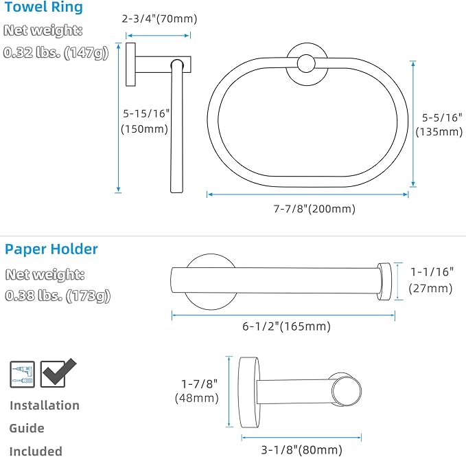 APLusee 2 Pieces Bathroom Hardware Set Brushed Gold, Contemporary 304 Stainless Steel Storage Accessories Kit with Oval Hand Towel Ring, Toilet Paper Holder Wall Mounted