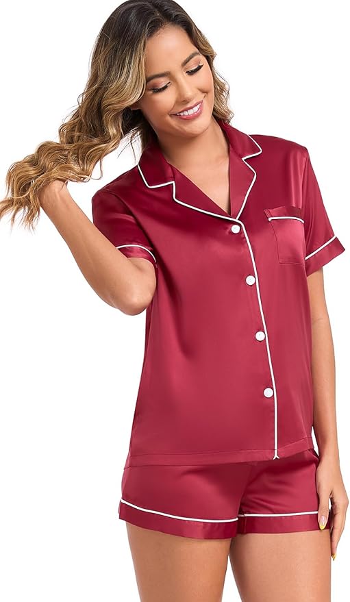 Women's Satin Pajama Set 2-Piece Sleepwear Loungewear Button Down Short Sleeve Silky PJ Set