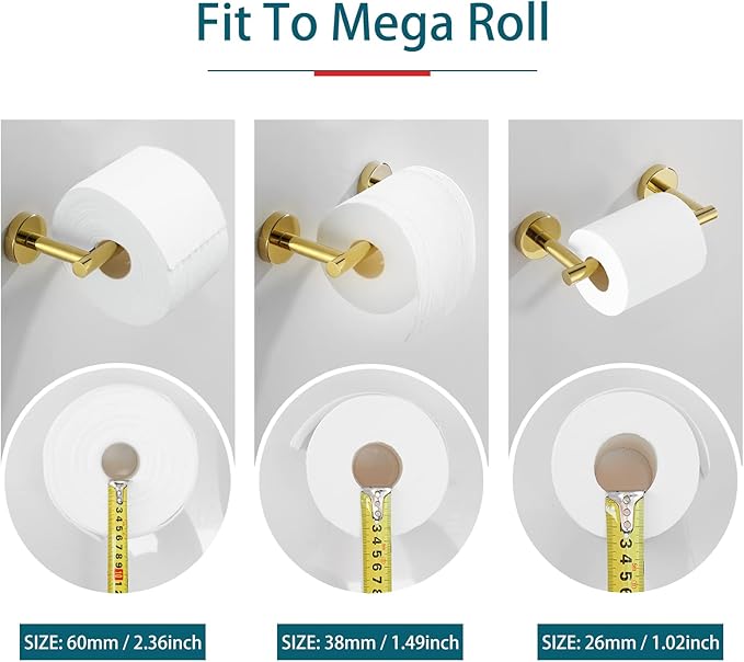Gold Toilet Paper Holder - Metal Bathroom Flexible Pivoting Tissue Handle on Wall Mounted, SUS 304 Stainless Steel Adjustable TP Large Mega Roll Holder Classic Matte