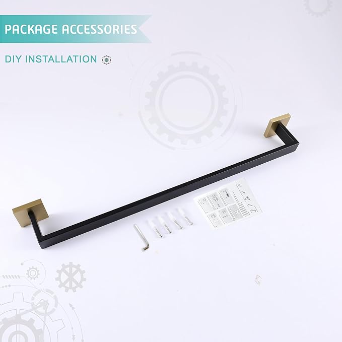 LANC 32-Inche Long Towel Bars for Bathroom Wall Mounted Matte Black and Gold Bath Towel Racks Stainless Steel Towel Rails for Kitchen Square Towel Holder Total-33.5” Towel Hanger, A8804GK-8P1