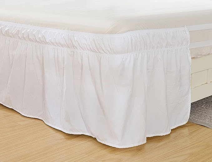 MEILA Wrap Around Bed Skirt Three Fabric Sides Elastic Dust Ruffled 16 Inch Tailored Drop,Easy to Install Fade Resistant-White, Twin/Full