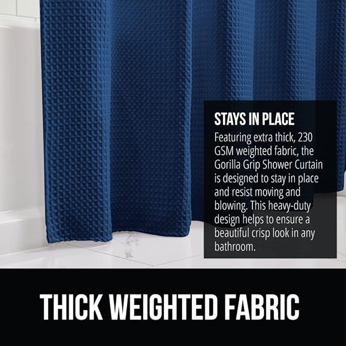 GORILLA GRIP Waffle Shower Curtain, Thick Weighted Fabric, Wrinkle and Rust Resistant, Classic Hotel Quality Design, Heavy Duty Long Curtains for Bathroom Showers, Bath Tubs, Machine Wash, 72x72, Navy