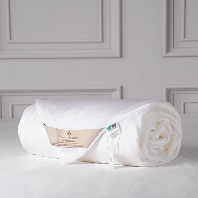 CUDDLE DREAMS Lightweight Silk Filled Comforter for Summer, Detachable Tencel Duvet Cover for Easy Care, Naturally Breathable (White, Queen)