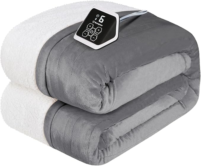 Westinghouse Heated Blanket Full Size, Soft Flannel to Sherpa Electric Blanket with 10 Heating Levels, 12 Hours Auto Off, Fast Heating Warming Blanket, Machine Washable, 72x84 Inch, Light Grey