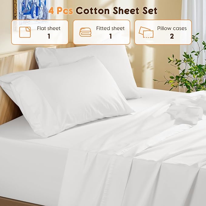 LBRO2M 100% Cotton Sheets Set Queen Size 600 Thread Count 4 Piece Sets Bed Sheet Deep Pocket Up to 16" Soft Comfortable All Season (Queen, White)