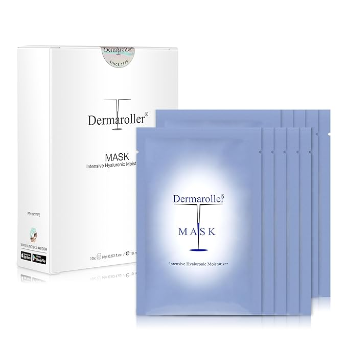 Dermaroller Hydrating Face Mask Sheets - 10 Pack with Hyaluronic Acid, Matrixyl & Vitamin E for Anti-Aging Skincare and Radiant Glow