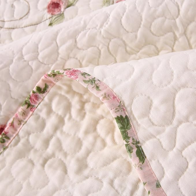 Quilt Set Floral Leaves 3D Embroidery Pattern 2 PCS Cotton Reversible Quilted Embroidered Decorative Bedspreads Coverlet Set, Lightweight &Soft Queen Size Beige Bedding Coverlet for All Season