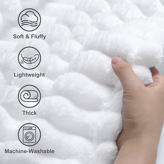 decorUhome Christmas Soft Fleece White Throw Blanket for Couch, Cozy Fluffy Plush Flannel Striped Blanket for Sofa Bed, Lightweight Decorative Ribbed Fuzzy Blanket for Woman, 50x60 Inches