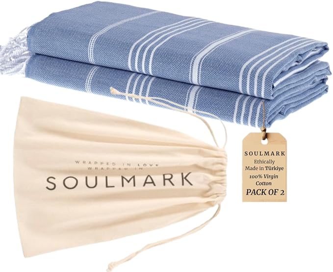 SOULMARK 100% Cotton Turkish Beach Towel with Bag - 38"x71" - 2 Pack - Made in Green & Oeko TEX Certified - Pre-Washed and & Free - Quick Dry and Lightweight for Travel - Made in Turkey - Light Blue