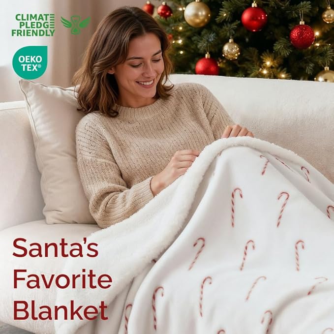 Christmas Sherpa Blanket Throw Size - Reversible Sherpa Fleece Blanket - Super Soft Double Sided Throw for Bed, Sofa, Couch - Thick, Warm, Soft & Plush - Cozy Xmas Winter Bedding - Candy Cane, 50x60