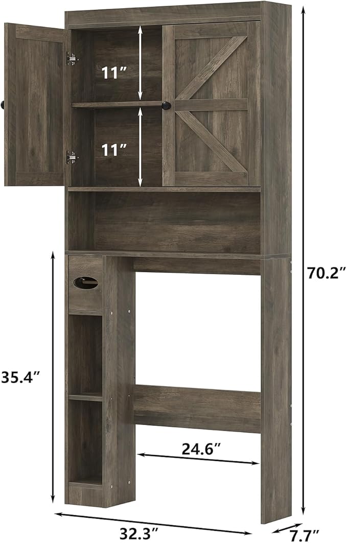 Furniouse Over The Toilet Storage Cabinet 32.3''W Wood Bathroom Storage Cabinet with Doors & Adjustable Shelves Free Standing Toilet Shelf, Gray