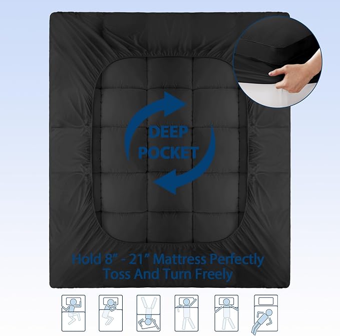 ELEMUSE Twin XL Black Cooling Bamboo Viscose Mattress Topper for College Dorm, Extra Long Twin Mattress Pad Cover for Back Pain, Soft Pillowtop with Deep Pocket, Overfilled Down Alternative Filling