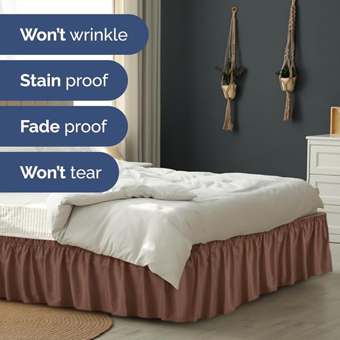 Wrap Around Dust Ruffle Bed Skirt - Brown - for Full Size Beds with 12 Inch Drop - Easy Fit Elastic Strap - Adjustable Pleated Bedskirt w/Brushed Fabric - Wrinkle Free - for Women, Men, Kids & Teens
