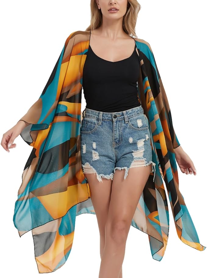 Women's Bohemian Floral Chiffon Beach Cover up Swimsuit Kimono Summer Swimwear Cardigans