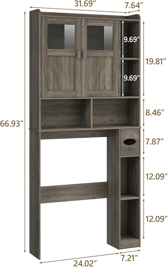 Vabches Over The Toilet Storage Cabinet, Bathroom Shelf Over Toilet with Glass Doors and Adjustable Shelves, Grey Freestanding Home Space Save Toilet Rack, for Restroom, Bathroom, Laundry