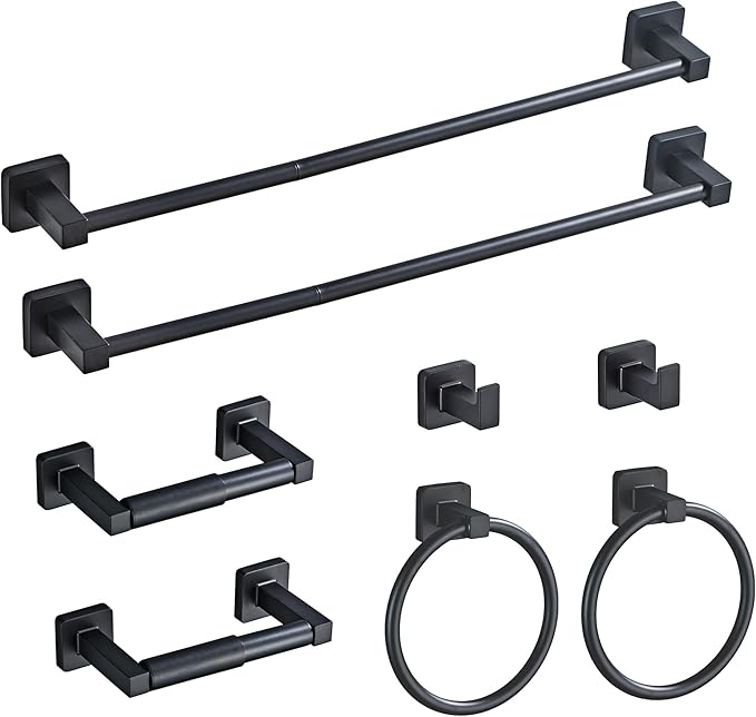 Matte Black Bathroom Hardware Set 8 Pieces,Towel Bar Set Stainless Steel Wall Mounted, Includes 23.6In Hand Towel Bar, Towel Ring, Robe Towel Hooks,Toilet Paper Holder, Bathroom Towel Rack Set