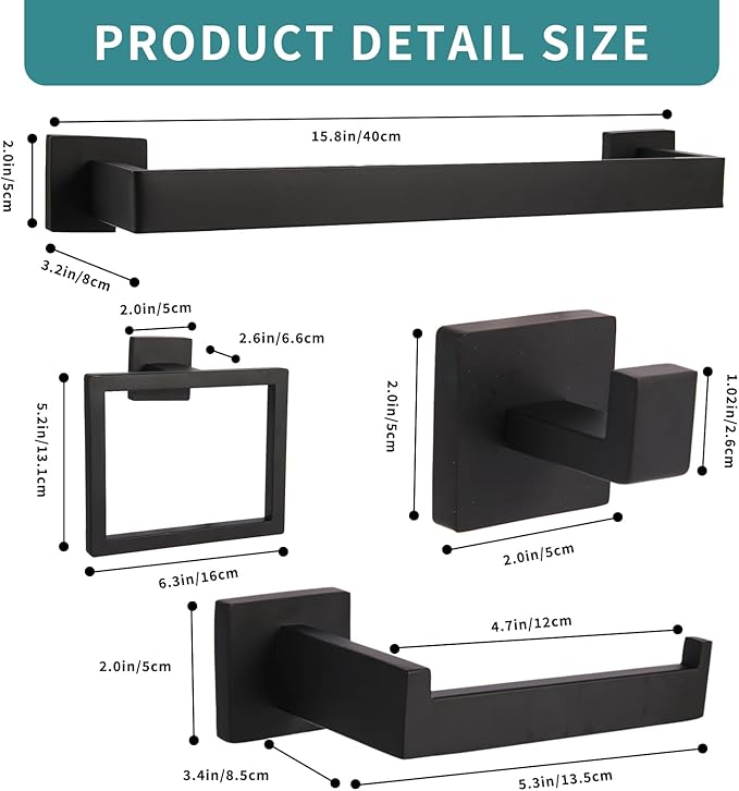 5-Pieces Matte Black Bathroom Hardware Accessories Set, 15.6 inch Towel Bar,Towel Racks for Bathroom, Robe Towel Hooks, Toilet Paper Holder Wall Mounted