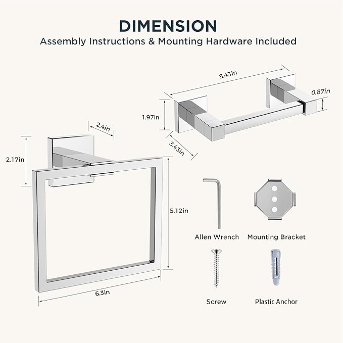 FORIOUS Toilet Paper Holder Set Wall Mount, SUS 304 Stainless Steel Pivoting Toilet Paper Holder and Towel Ring, Hand Towel Holder Set for Bathroom, Square Bathroom Hardware Set, Chrome