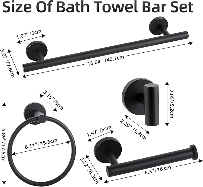 Matte Black Bathroom Hardware Set, Bathroom Towel Holder Bar Set 10 Pieces, SUS304 Stainless Steel Bathroom Towel Rack Set Wall Mounted-16 Inch Towel Bar, Toilet Paper Holder, Towel Hooks, Towel Ring