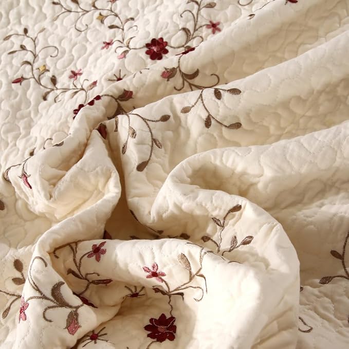 Quilt Set Floral Leaves 3D Embroidery Pattern 3 PCS Cotton Reversible Quilted Embroidered Decorative Bedspreads Coverlet Set, Lightweight &Soft Queen Size Beige Bedding Coverlet for All Season