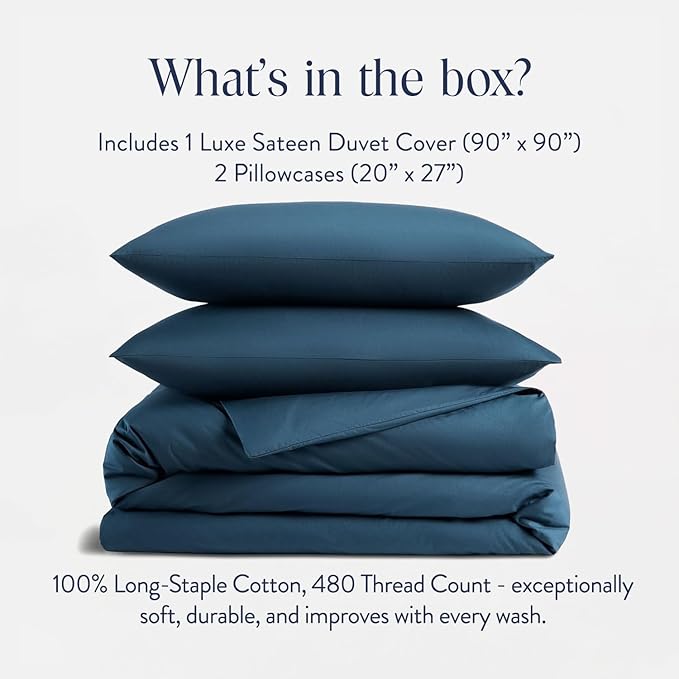 Brooklinen Luxury Sateen Duvet Cover Set - 100% Cotton, Full/Queen Size in Abyss Blue - Includes 1 Duvet Cover and 2 Standard Pillowcases - Best Full/Queen Duvet Covers