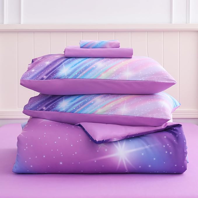 Rainbow Bedding Set Queen Size – 6-Piece Reversible Girls Comforter with Deep-Pocket Sheet, Gradient Galaxy Design, Whole-Piece Filling, Machine Washable Bed-in-a-Bag for Kids Room Makeover & Gifts