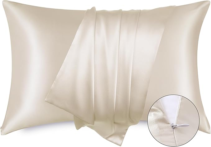 Bedsure Satin Pillowcase with Zipper, Similar to Silk Pillow Cases 2 Pack, Beige Satin Pillow Cases Queen, Silky & Soft Pillow Covers Hair and Skin, Christmas Decor Gifts for Women Men, 20x30 Inches
