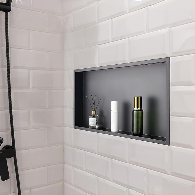 VEVOR Shower Niche, 13 x 25 x 4 inch Recessed Wall Niche, Heavy-duty Stainless Steel Modern Soap & Shampoo Storage Organizer, Sealed Waterproof, Durable & Easy to Install,Black for Bathroom