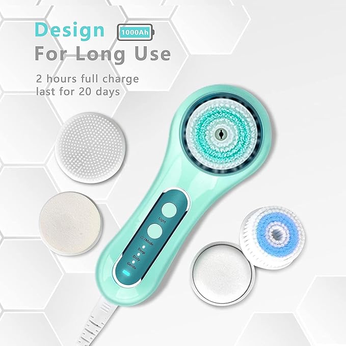 Face Scrubber Exfoliator,Facial Cleansing Brush Rechargeable IPX7 Waterproof with 5 Brush Heads,Electric Face Spin Brush for Exfoliating, Massaging and Deep Cleansing (Mint-Green)