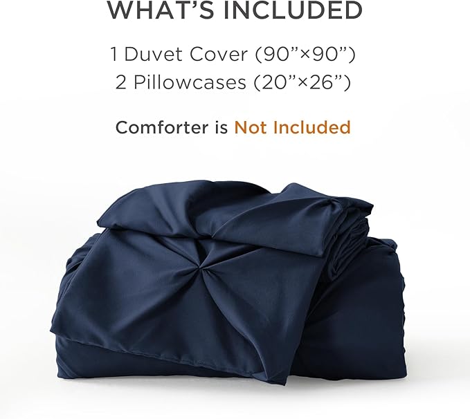 Litanika Navy Blue Pinch Pleat Duvet Cover Queen, 3 Pieces Pintuck Cover Soft Microfiber Bedding Set with Zipper Closure & Corner Ties(90x90Inch-1 Duvet Cover, 2 Pillowcases)