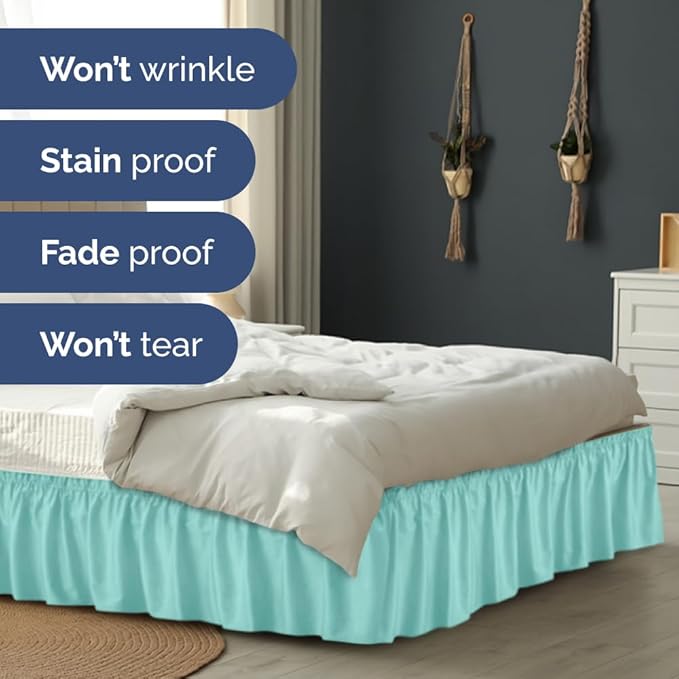 Wrap Around Dust Ruffle Bed Skirt - Spa Blue - Twin/Twin XL Size Beds with 24 Inch Drop - Easy Fit Elastic Strap - Adjustable Pleated Bedskirt w/Brushed Fabric Wrinkle Free - Women, Men, Kids & Teens