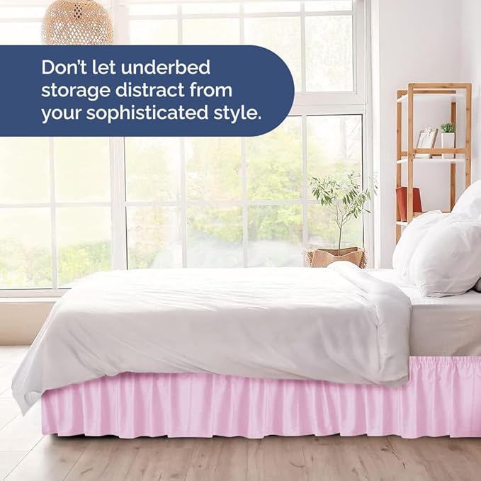 Wrap Around Dust Ruffle Bed Skirt - Light Pink - Twin/Twin XL Size Beds with 24 Inch Drop - Elastic Strap - Adjustable Pleated Bedskirt with Brushed Fabric and Wrinkle Free - Women, Men, Kids & Teens